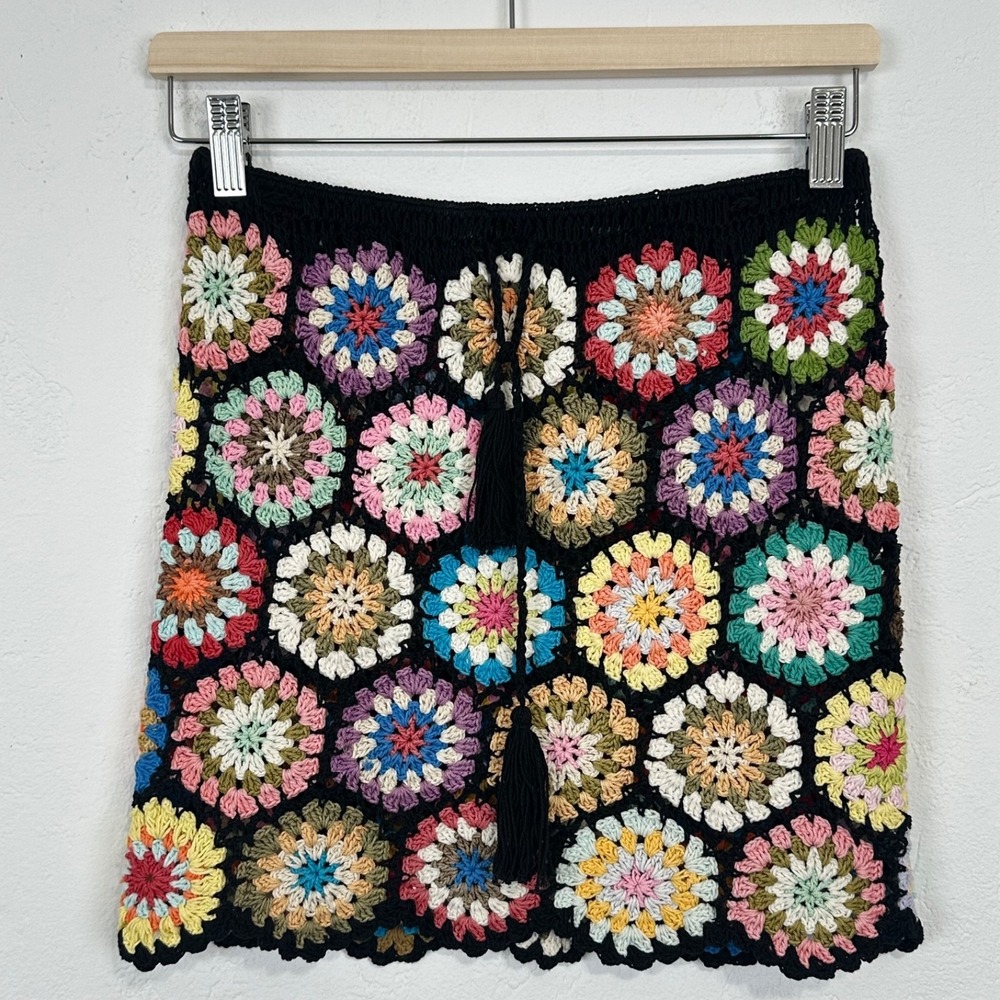 Boho Festival Granny Square Crochet Mini Skirt Sz Small Floral Multicolored
